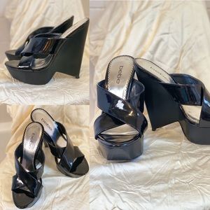 New BEBE Brand Black Platform Wedge Sandals